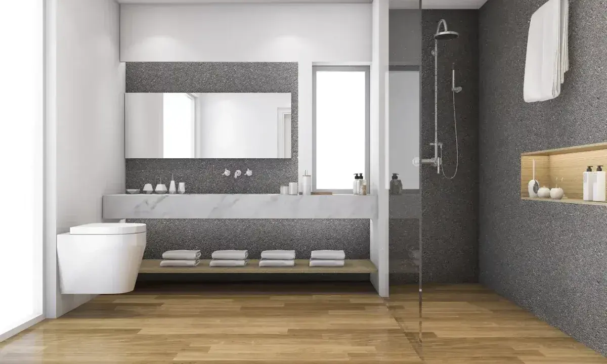 Modernes Bad mit Holzboden und Dusche. Eine tolle alternative zu fliesen im bad, die für Wärme und Stil sorgt.