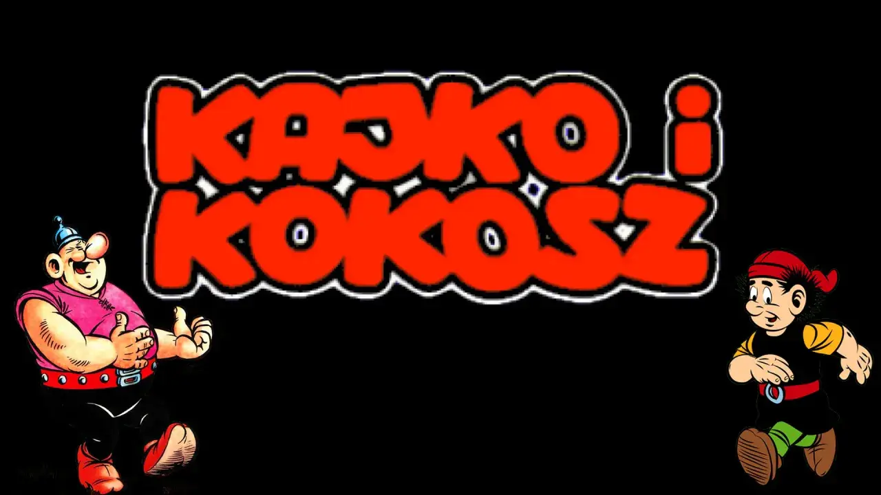 Kajko i Kokosz gra: wesoły, pulchny wojownik i zwinny junak w czerwonych czapkach, na tle napisu.