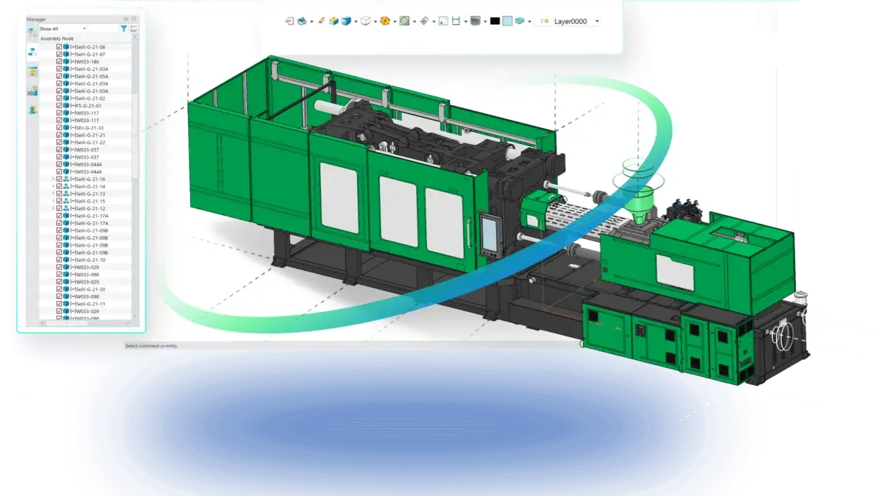 Macchina per stampaggio a iniezione in fase di progettazione, con interfaccia di modellazione parametrica che mostra le opzioni di modifica della forma.