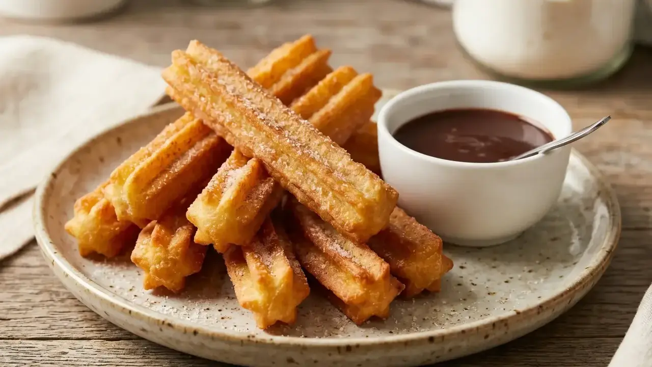 Montón de churros sin gluten espolvoreados con azúcar, junto a una taza de chocolate caliente.