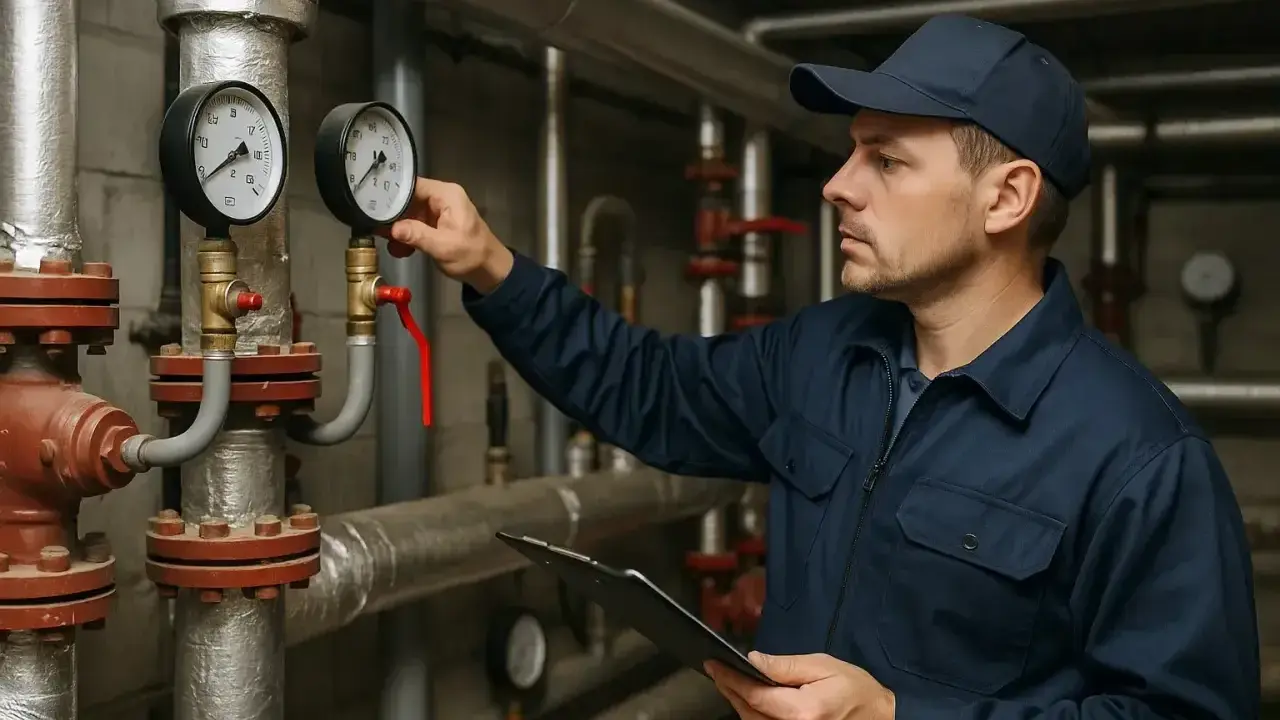 Technik sprawdza ciśnienie na manometrach w kotłowni, przygotowując blok do okresu grzewczego.