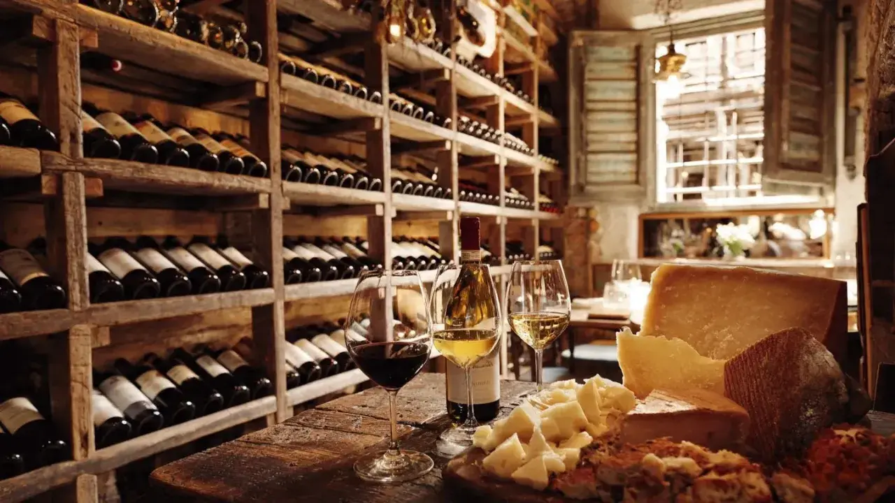 Regal gefüllt mit italienischem Wein, daneben Gläser mit Rot- und Weißwein, Käse und Brot auf einem Holztisch.