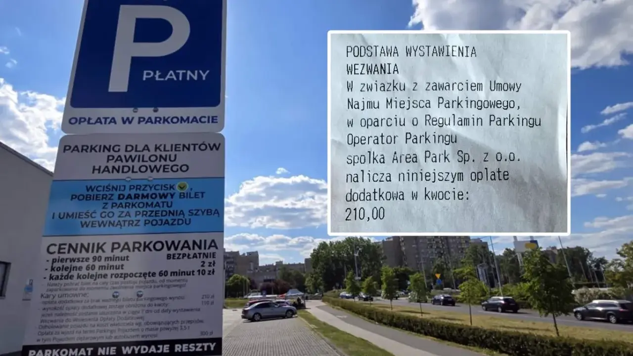 Wezwanie do zapłaty parking za nieuiszczenie opłaty parkingowej, kwota 210 zł. Znak informuje o płatnym parkingu i cenniku.