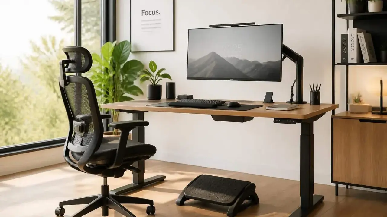 Un bureau bien organisé avec une chaise ergonomique, un écran d'ordinateur, un clavier et une plante verte. L'espace est lumineux et invitant.