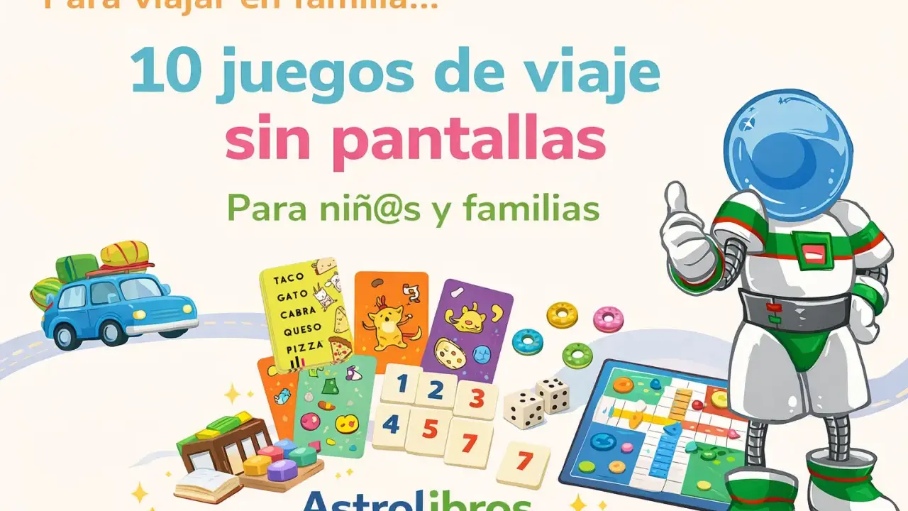 Astronauta sonriente anima a disfrutar de juegos caseros para viajar en familia sin pantallas. ¡Diversión garantizada!