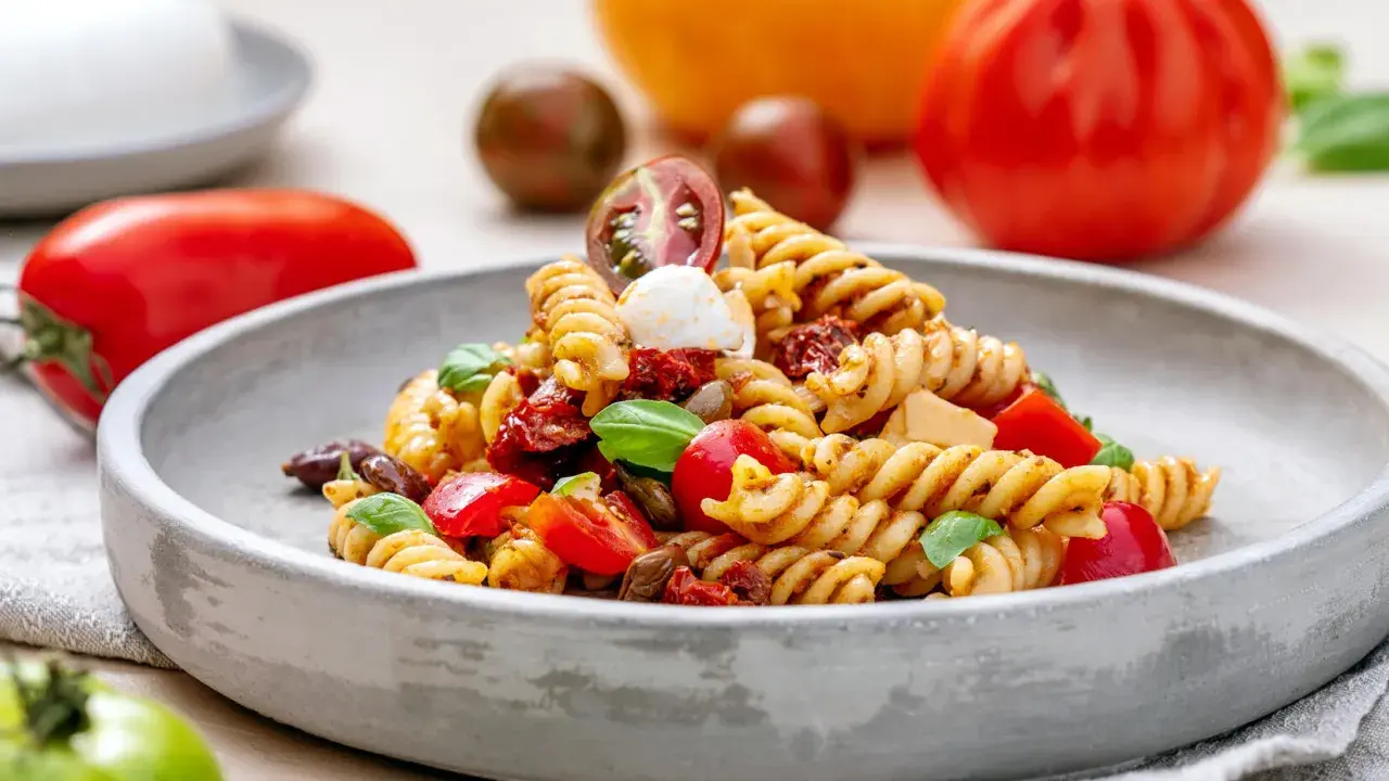 Ein köstlicher italienischer Nudelsalat mit Fusilli, Tomaten, Mozzarella und Basilikum auf einem grauen Teller.