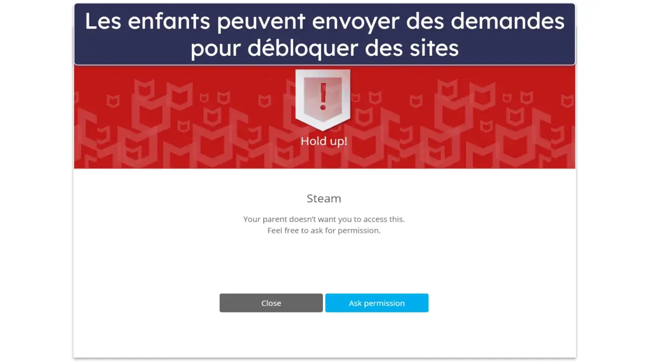 Fenêtre de blocage de site web pour le contrôle parental d'ordinateur. Steam est inaccessible, mais l'enfant peut demander l'autorisation.