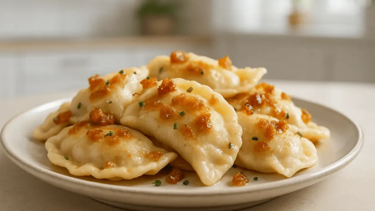 Pyszne pierogi ruskie, które Ania gotuje, polane skwarkami i posypane szczypiorkiem, na jasnym talerzu.