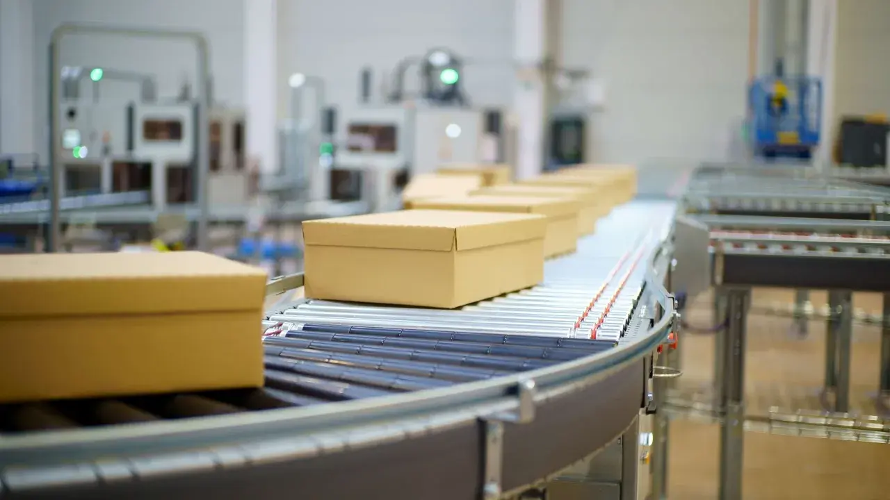 Pudełka na taśmie transportowej w magazynie ecommerce.