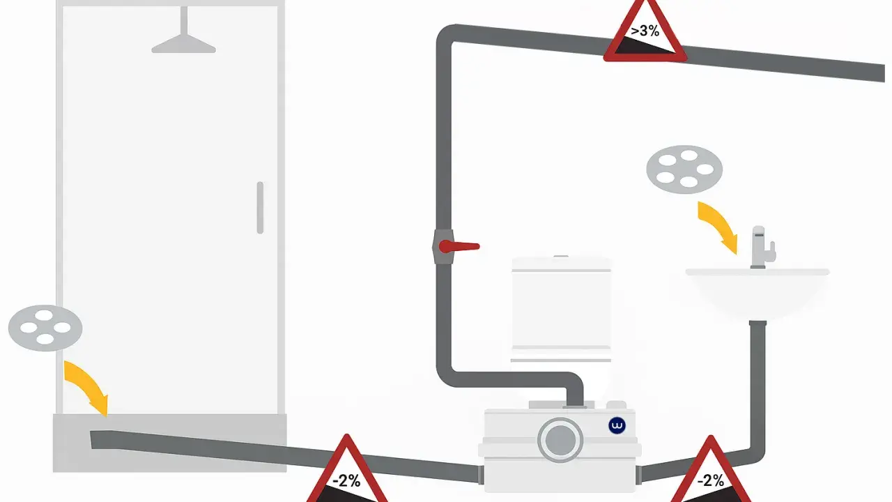 Schemat instalacji z rozdrabniaczem do WC. Pokazuje podłączenie prysznica, toalety i umywalki do urządzenia, z uwzględnieniem spadków rur.