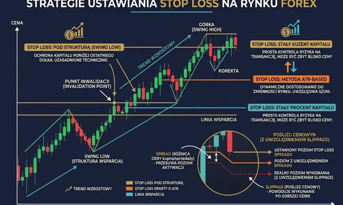 Wykres analizy strategii stop loss na rynku Forex. Pokazuje różne metody ustawiania stop loss, w tym wskaźnik ATR, oraz analizę punktów wsparcia i oporu.