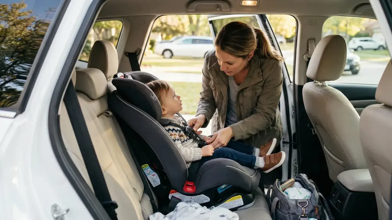 Mama zapina pasy w foteliku z bazą czy bez, przygotowując malucha do podróży.