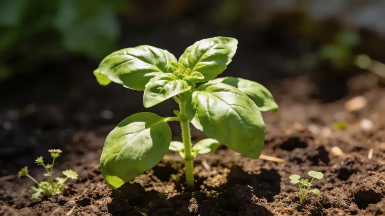 Un jeune plant de basilic pousse dans la terre. C'est le moment idéal pour savoir où planter le basilic pour qu'il prospère.