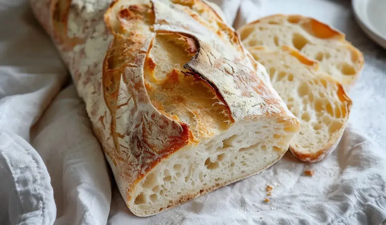 Nybakad ciabatta med krispig skorpa och luftig insida. Perfekt för ditt ciabatta recept!