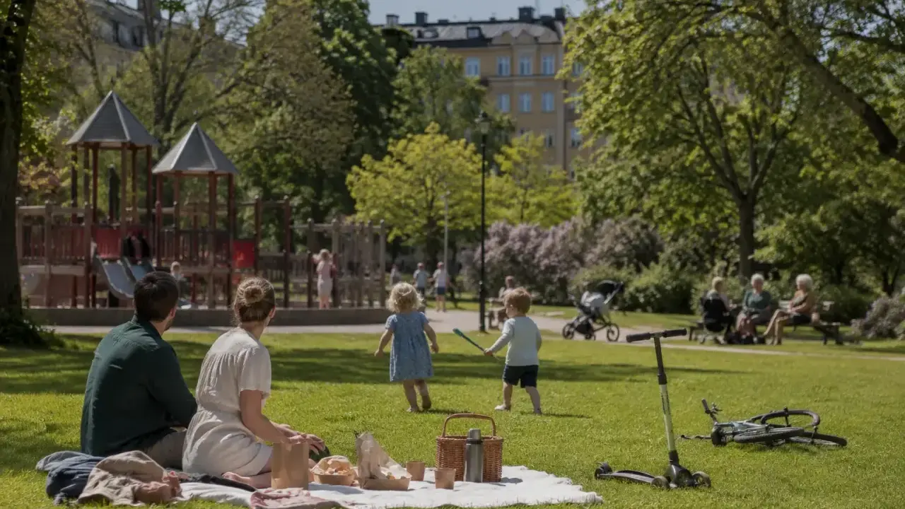 Familj picknickar i parken medan barnen leker. En perfekt dag för aktiviteter i Lund för vuxna och barn.