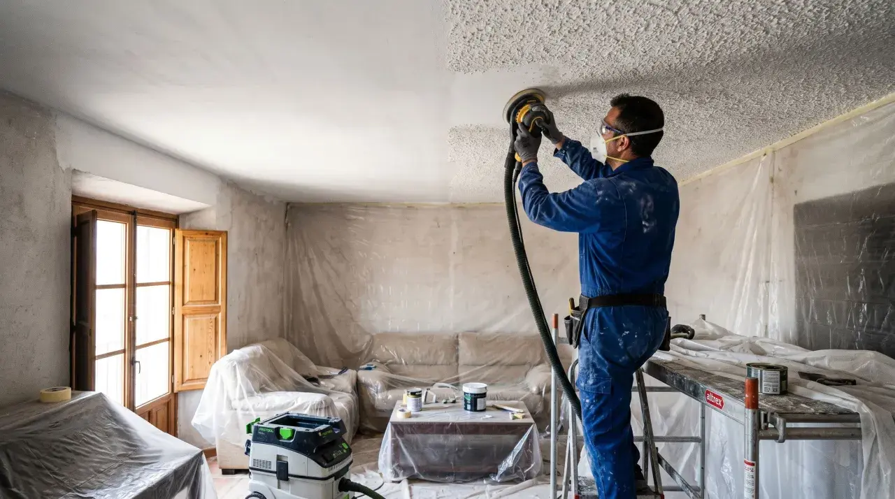 Hombre con mono azul lijando techo con gotelé para alisar paredes. Protege muebles y suelo con plásticos.