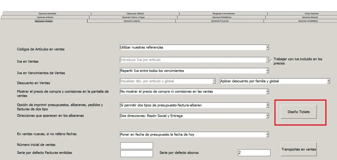 Configuración de opciones de venta, incluyendo la opción "Diseño Tickets" para personalizar la plantilla tickets para imprimir.
