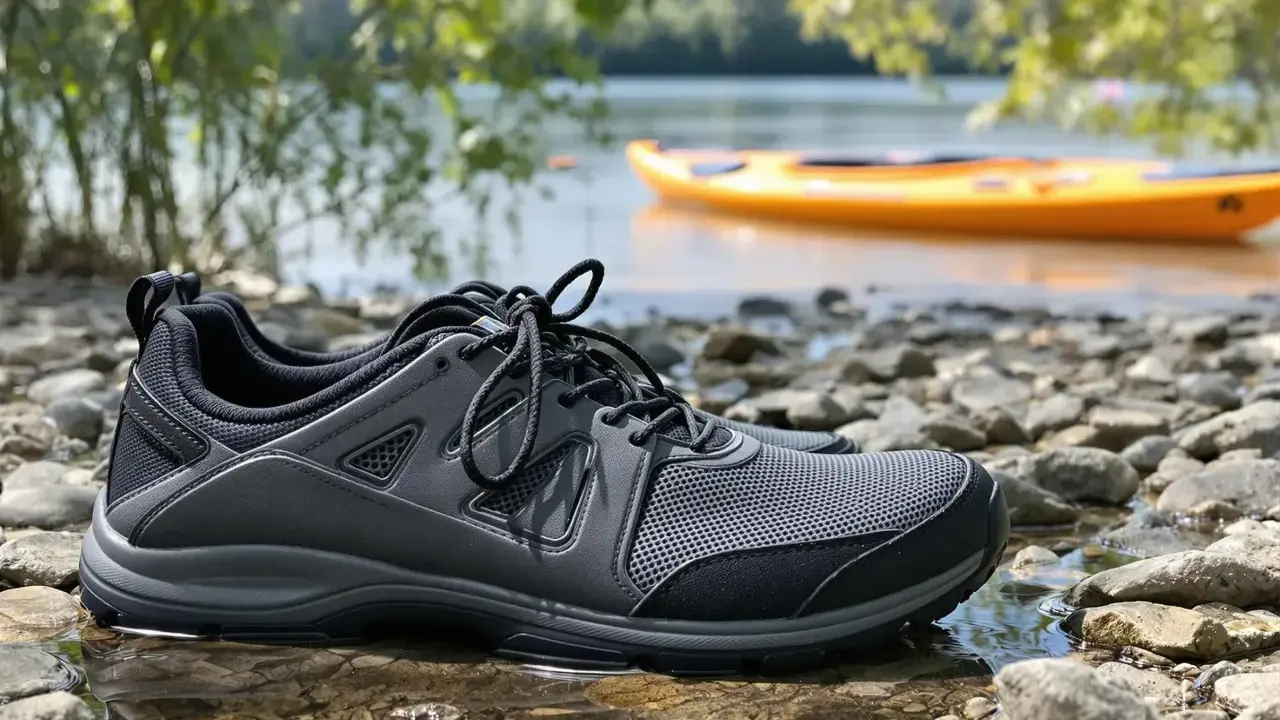 Szare buty sportowe na kamienistej plaży, idealne jako jakie buty na kajaki. W tle żółty kajak na wodzie.