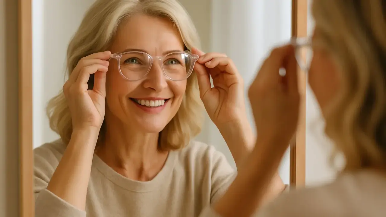 Uśmiechnięta kobieta z blond włosami przymierza okulary przed lustrem. Dobór okularów to ważny krok do lepszego widzenia i stylu.