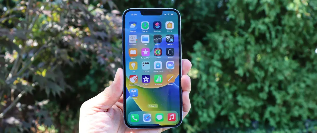 Mano sujetando un iPhone 14 con pantalla llena de iconos de apps, con árboles verdes desenfocados de fondo.