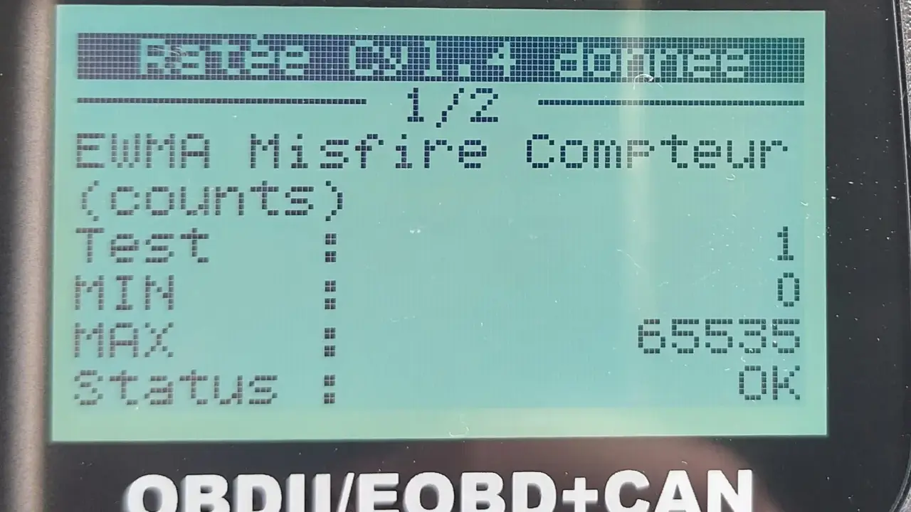 P1337 Citroen: EWMA Misfire Compteur (counts) Test: 1, MIN: 0, MAX: 65535, Status: OK.
