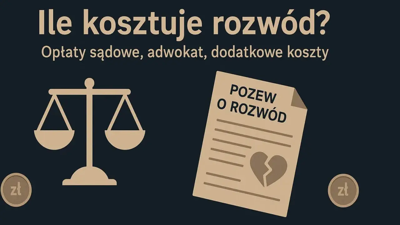 Ile kosztuje rozwód? Waga sprawiedliwości, pozew o rozwód i monety zł wskazują na koszty sądowe i adwokackie.