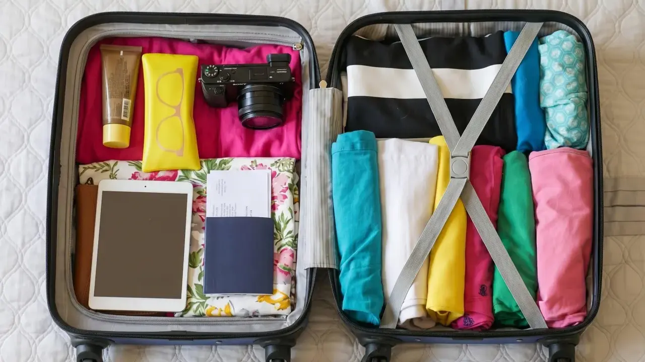 Packar för resan! I det öppna incheckat bagage sas ligger kläder, kamera, solkräm, glasögon, surfplatta och pass.