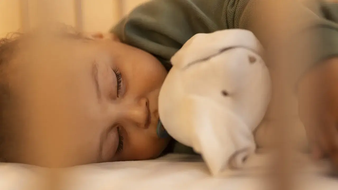 Dulce sueño de bebé de 6 meses, abrazando su peluche mientras duerme plácidamente en su cuna.