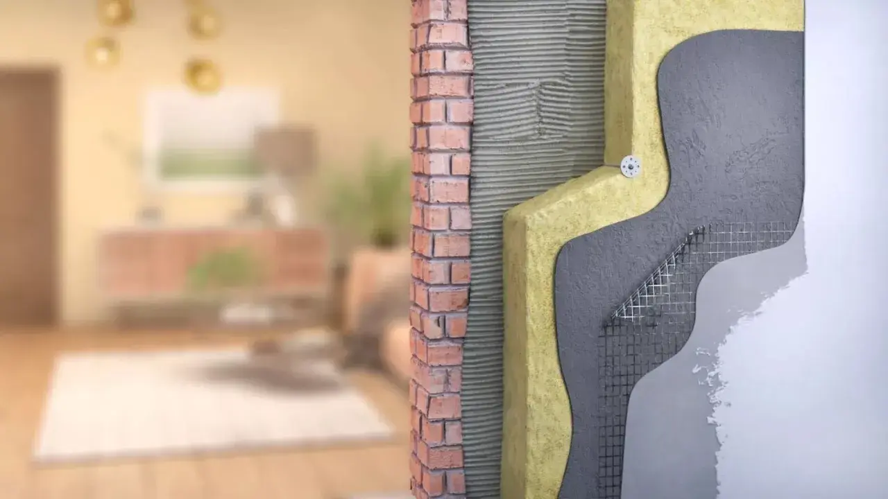 Corte de pared que muestra el aislamiento y la mampostería, parte de un sistema passivhaus para eficiencia energética.