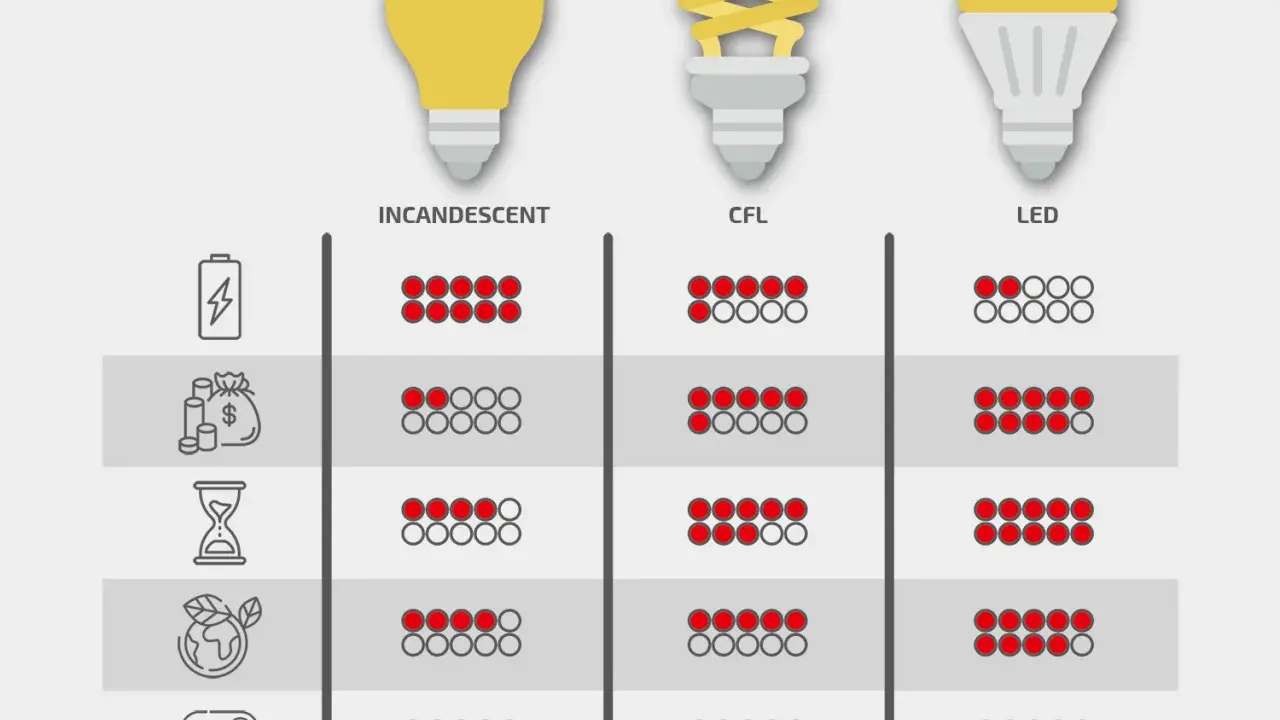 Porównanie żarówek: tradycyjnej, CFL i LED pod kątem zużycia energii, kosztów, żywotności i ekologii. Różne rodzaje gwintów żarówek mają wpływ na ich zastosowanie.