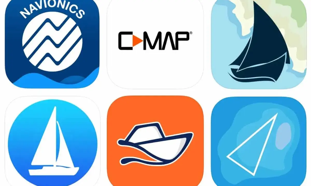 Icônes d'applications de navigation : Navionics, C-MAP, voilier, bateau, carte marine.