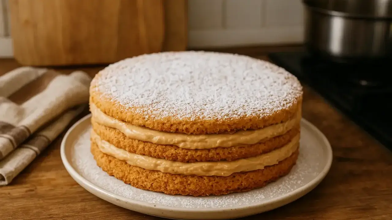 Un gâteau russe traditionnel, à la crème onctueuse et saupoudré de sucre glace, prêt à être dégusté.