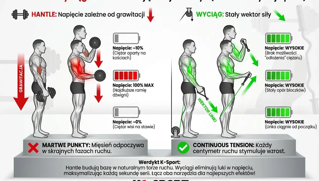 Hantle vs. wyciąg: analiza napięcia. Wyciąg zapewnia stałe napięcie, co oznacza, że każdy centymetr ruchu stymuluje wzrost. To jest buff co to znaczy w kontekście treningu.