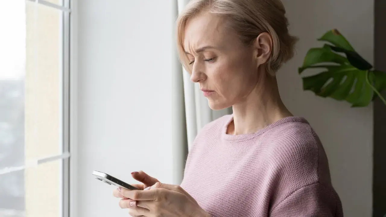 Besorgte Frau blickt auf ihr Handy. Sie fragt sich, ob ihr Handy ausspioniert wird.