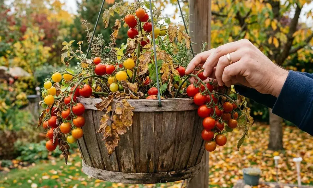 Un homme cueille des tomates cerises rouges et jaunes dans un pot suspendu en bois. Les feuilles tombées jonchent le sol.
