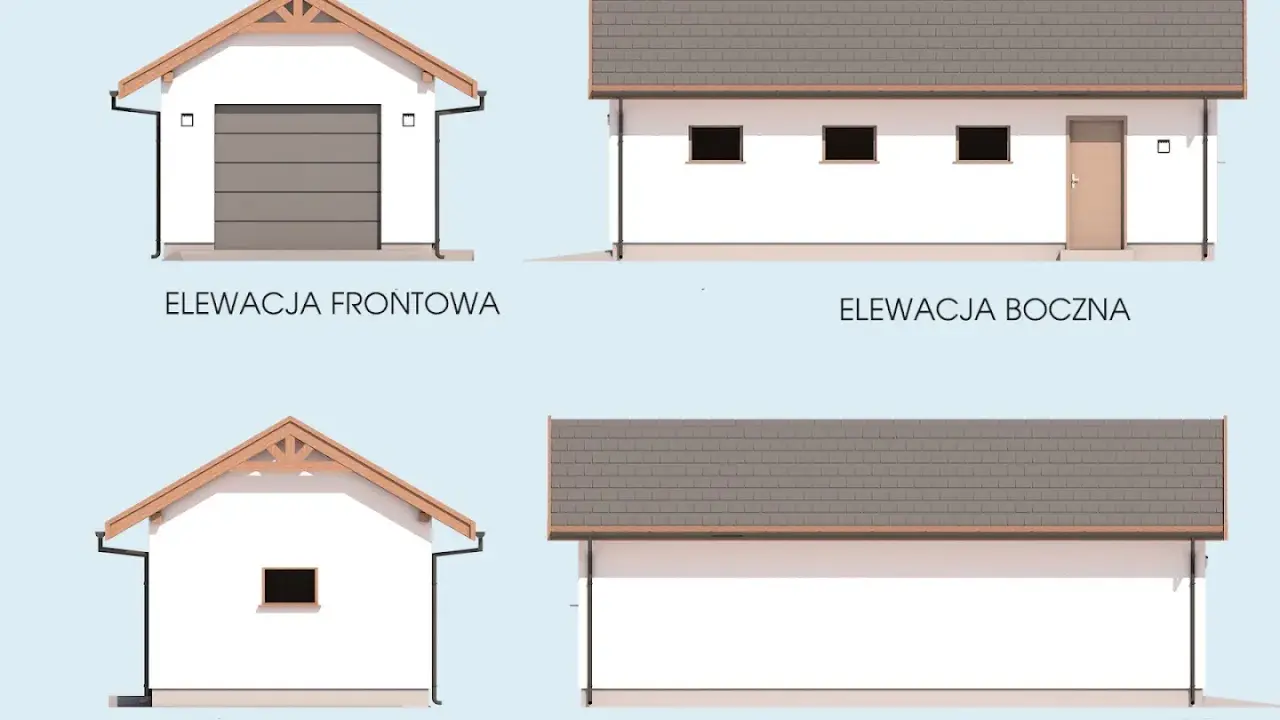 Projekt garażu drewnianego: elewacje frontowa, tylna i dwie boczne z drzwiami i oknami.