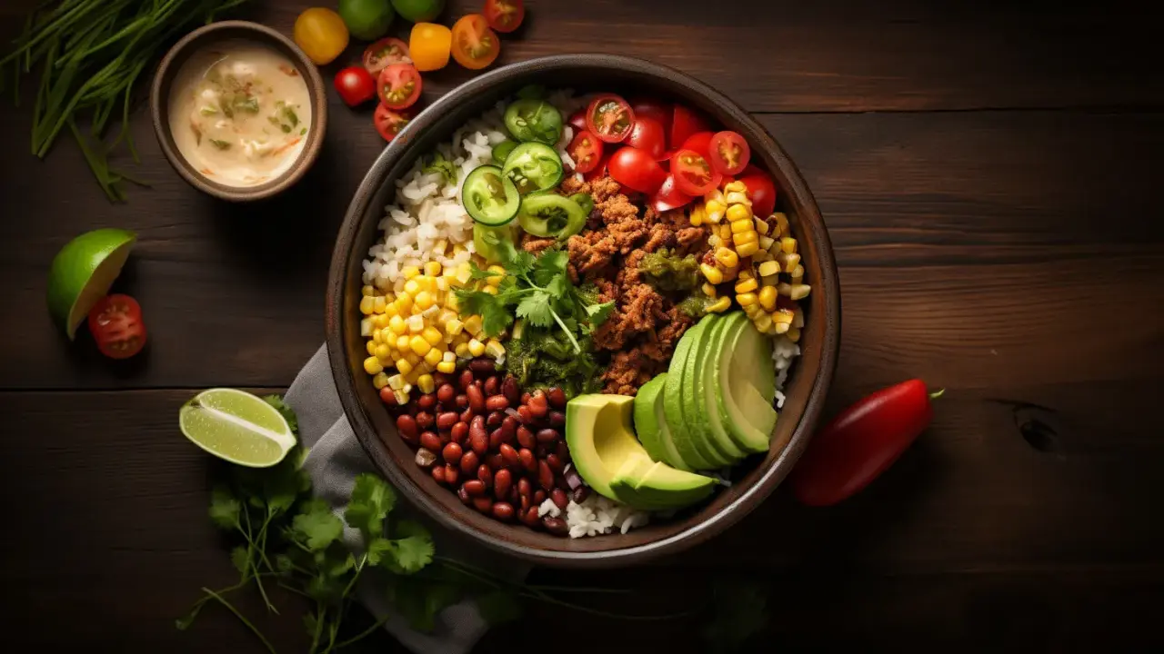 Kolorowy burrito bowl z ryżem, fasolą, kukurydzą, mięsem mielonym, awokado, pomidorkami i jalapeno.