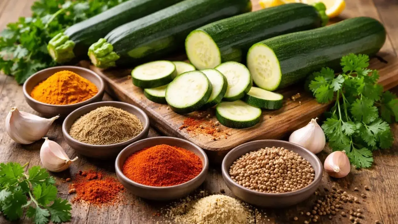 Courgettes coupées et épices variées : curcuma, cumin, paprika, coriandre. Une invitation à découvrir quelle épice avec courgette sublimera votre plat.