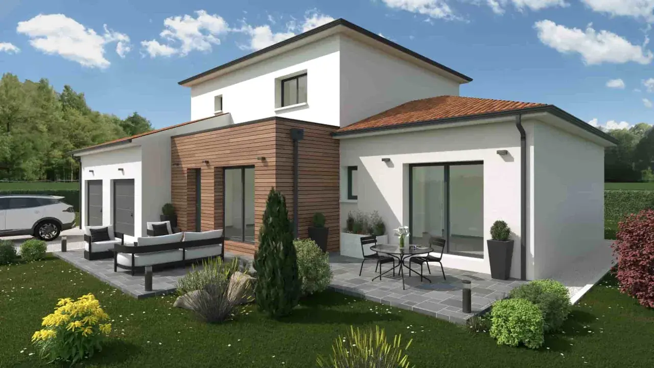 Une maison à étage moderne avec garage, terrasse aménagée et jardin verdoyant.