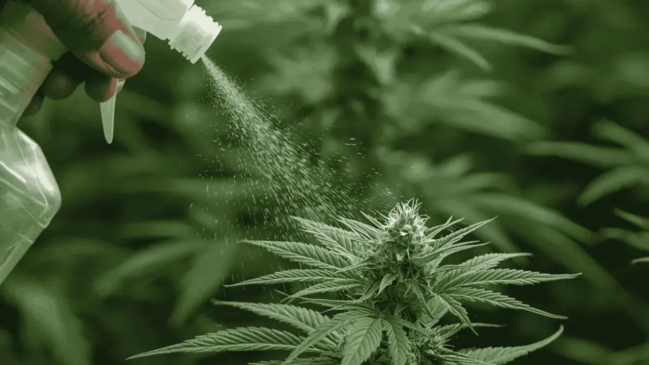 Mano rociando planta de cannabis con spray, mostrando cómo utilizar el vinagre como insecticida natural para protegerla.