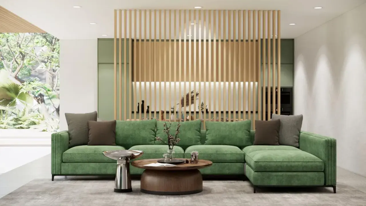 Un sofá verde es el centro de atención en este salón moderno. Descubre cómo combinar un sofá verde con tonos neutros y madera para un ambiente acogedor.