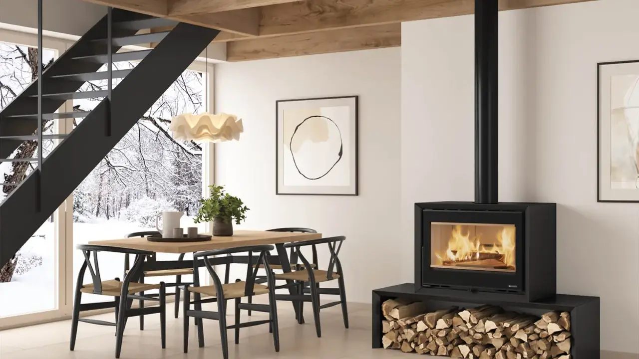 Estufa de leña moderna con fuego encendido, ideal para aprender como hacer calefacción con estufa de leña en un hogar acogedor.