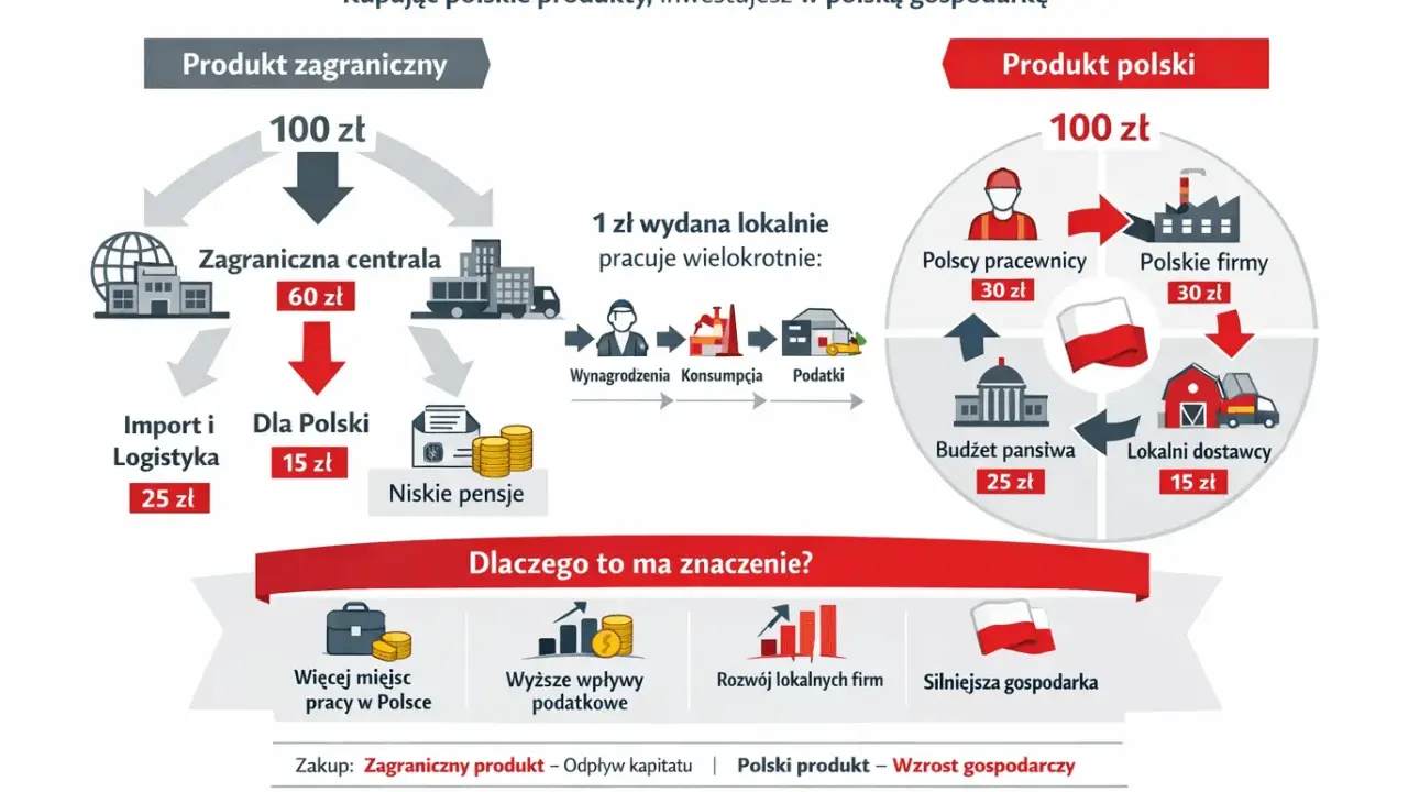 Porównanie wydatków: 100 zł na produkt zagraniczny vs. polski. Kupując polskie produkty, wspierasz polskie firmy, pracowników i budżet państwa.