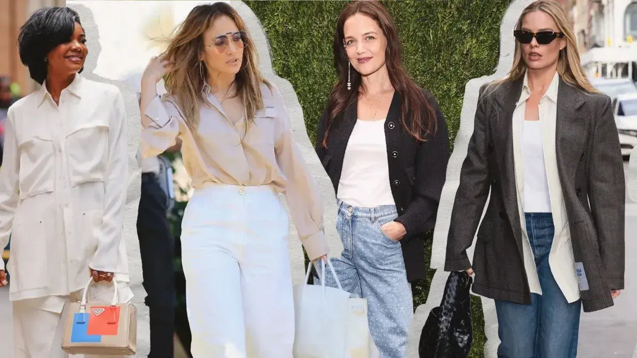 Four women showcase dressy casual looks: a white suit, a silk blouse with white pants, a cardigan with patterned jeans, and a blazer with a white top and jeans.