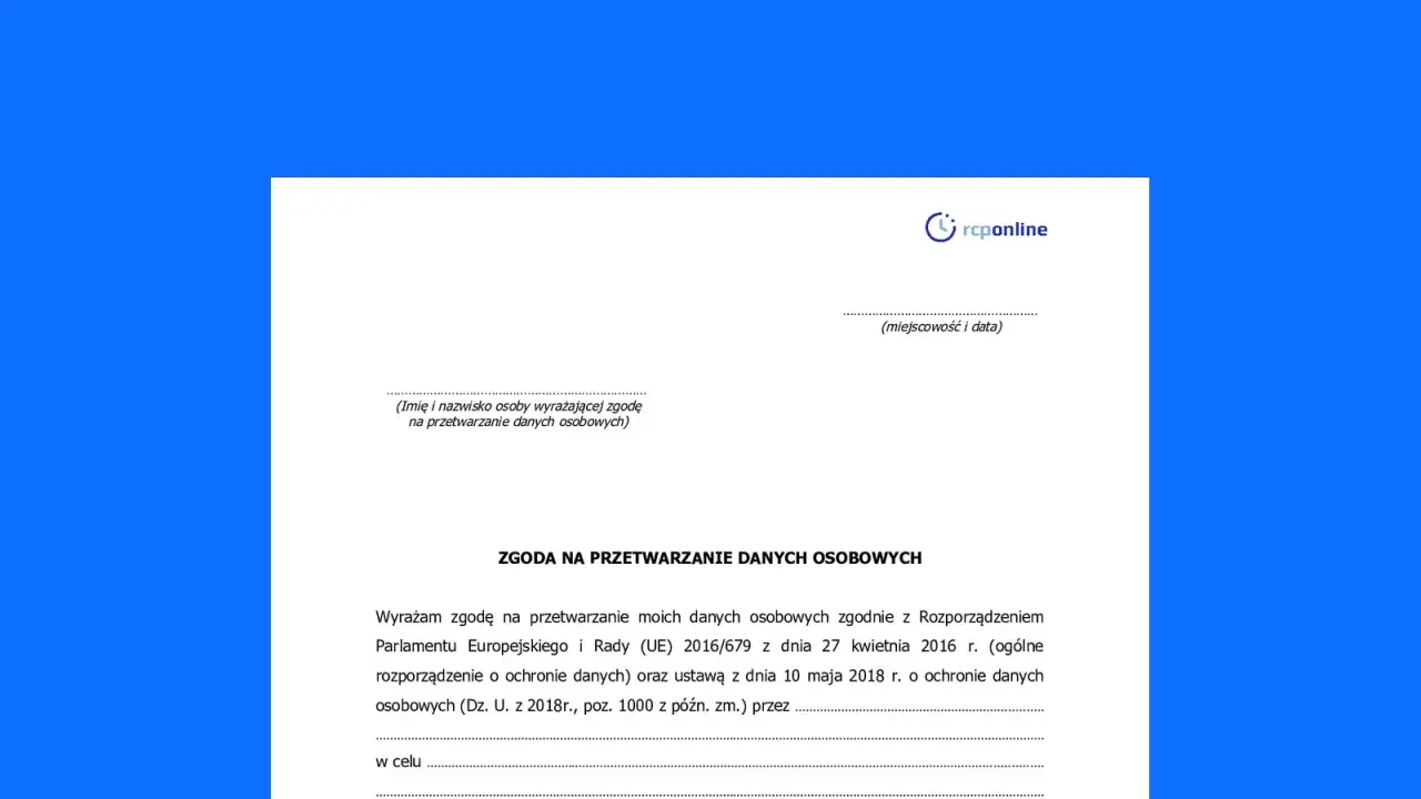 Formularz zgody na przetwarzanie danych osobowych, zgodny z RODO.