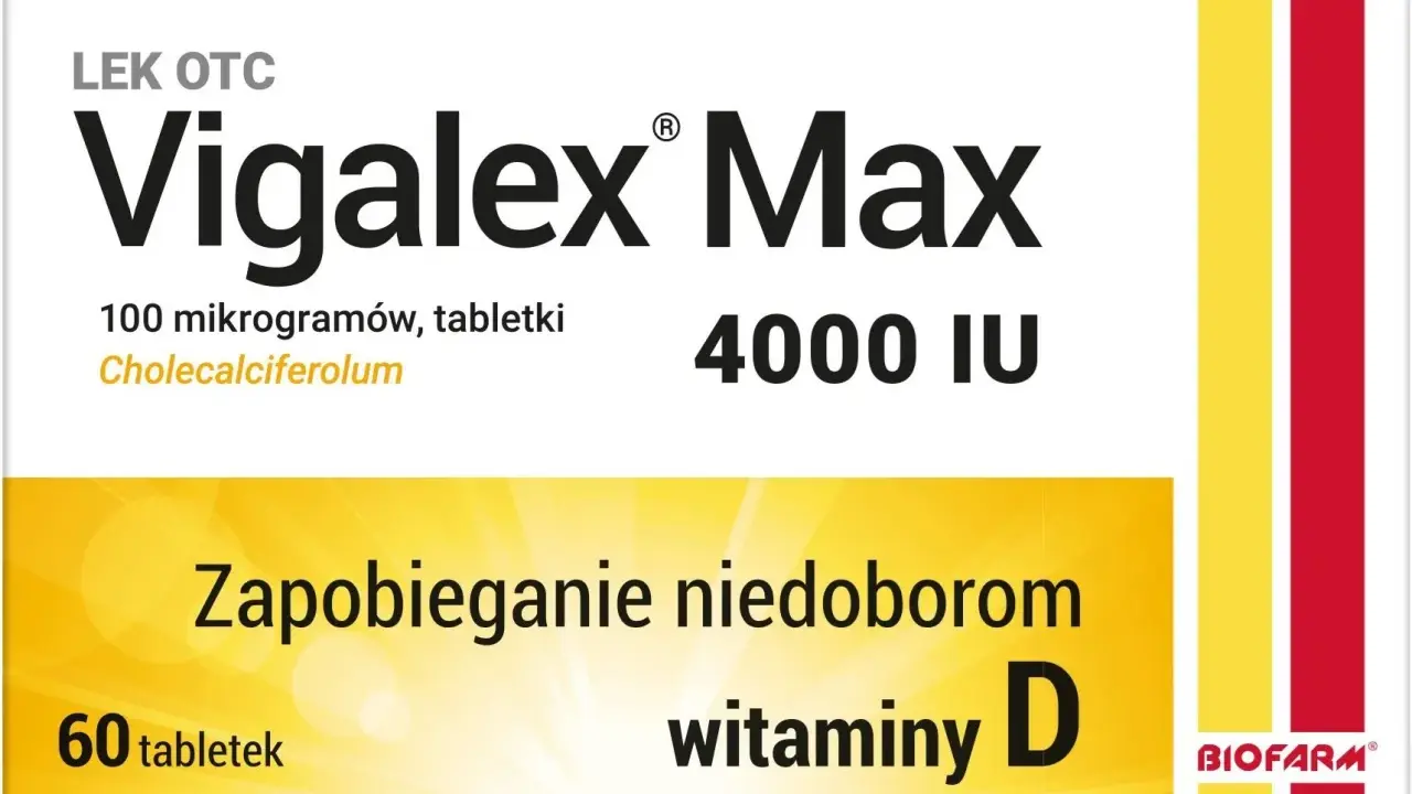 Opakowanie leku Vigalex Max, 4000 IU, 60 tabletek. Zapobiega niedoborom witaminy D.