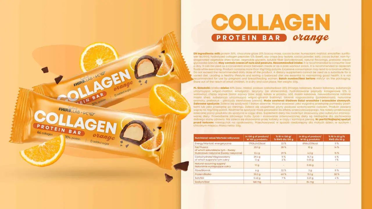 Pomarańczowy baton proteinowy z kolagenem, z kawałkami czekolady i pomarańczy. Idealna przekąska, gdy liczy się mieszanka krakowska kcal.