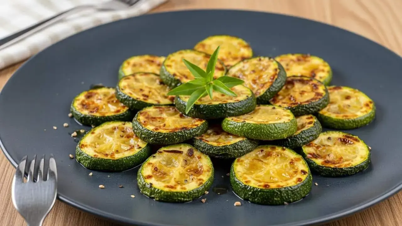 Rondes et grillées, ces courgettes au four sont présentées sur une assiette grise, garnies d'une touche de verdure. Un délice simple et savoureux.