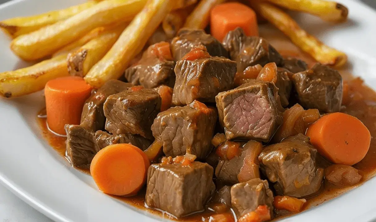 Tierna ternera en salsa con patatas fritas y zanahorias. Un plato reconfortante y delicioso.