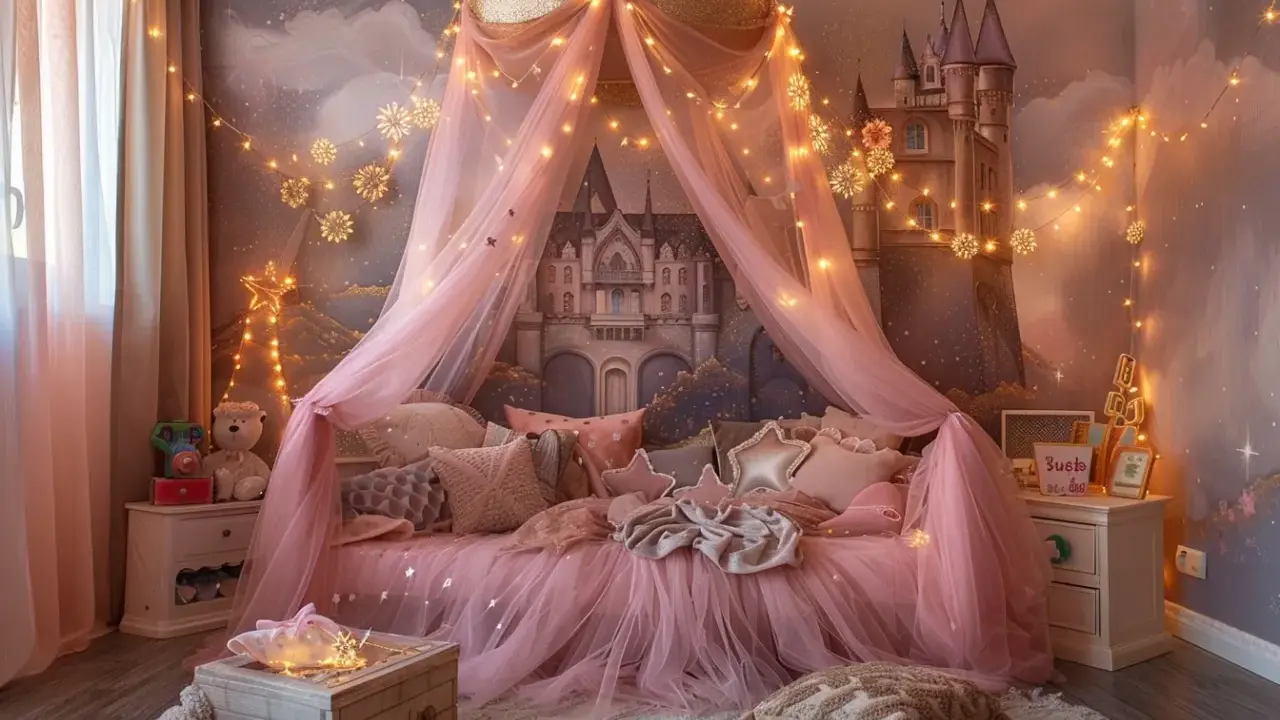 Lit de princesse féerique avec baldaquin rose, guirlandes lumineuses et château en arrière-plan. Une belle idée déco lit cabane pour un rêve enchanté.